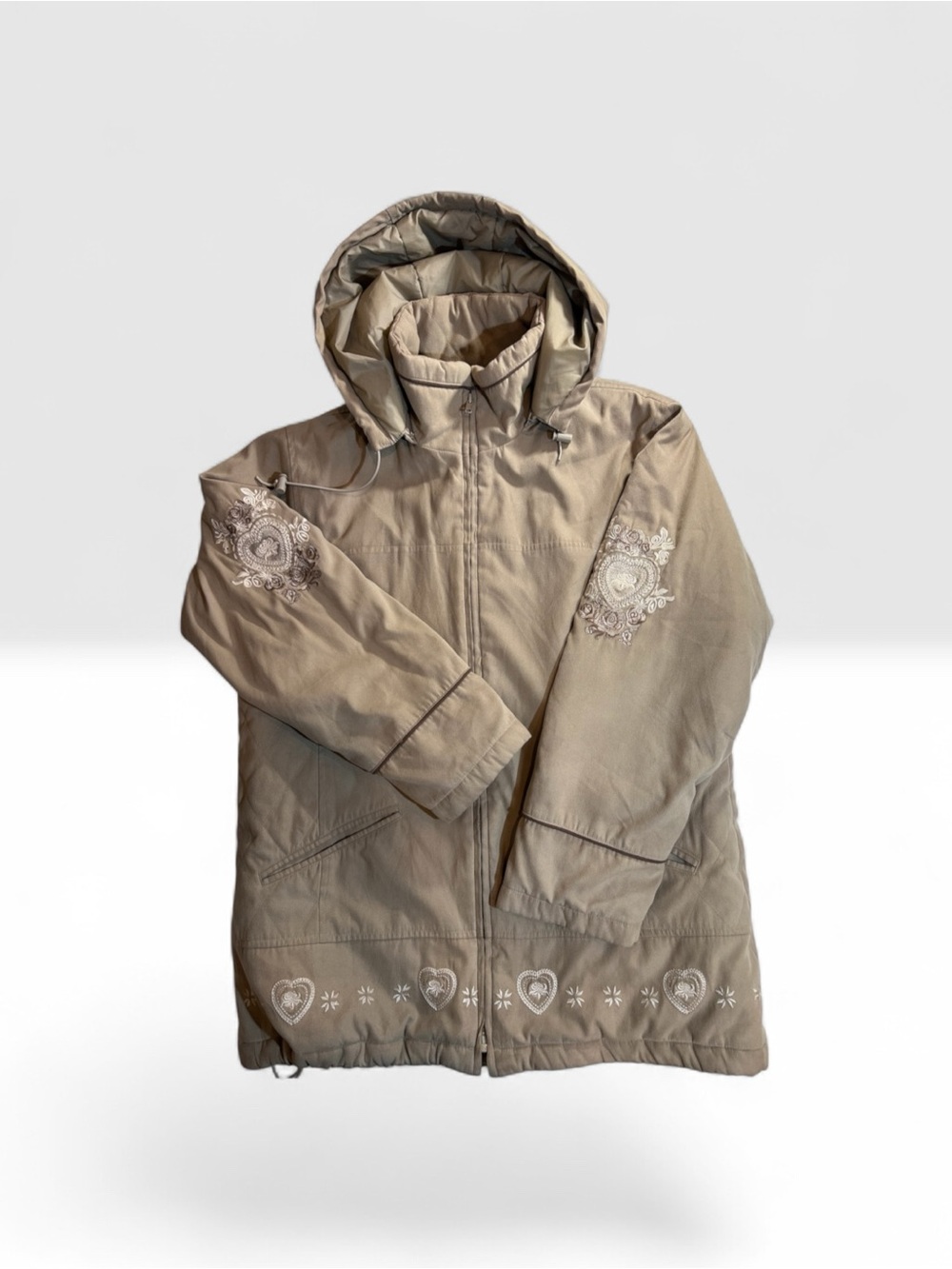Vintage SM2 Y2K Women’s M Tan Hooded Coat Embroidered Hearts Floral Lined
